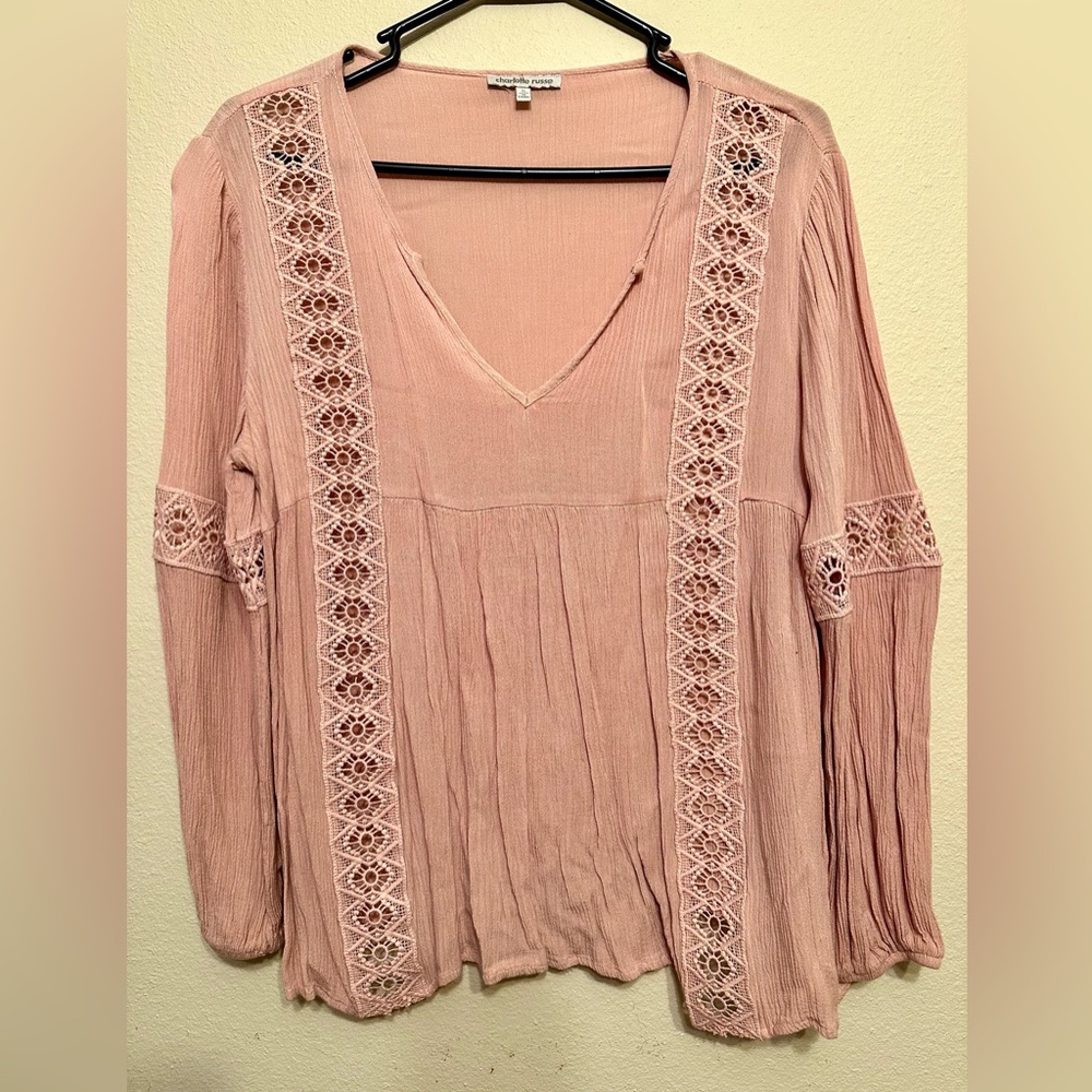 Women blush V neck Blouse with Crochet style cutouts
